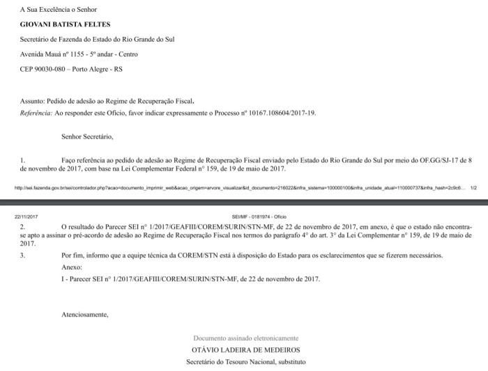 Tesouro Nacional nega pedido de pré-acordo de recuperação fiscal ao RS