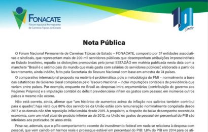 Fonacate rebate matéria do Estadão sobre gastos de pessoal no Brasil