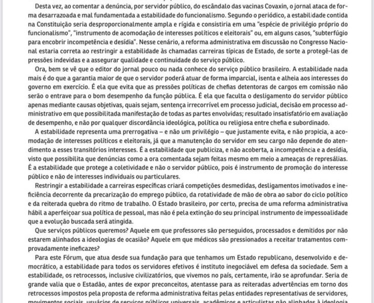Nota Pública» Fonacate rebate ataque do Estadão à estabilidade dos servidores públicos