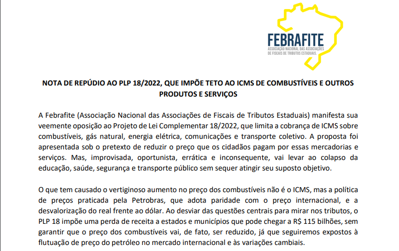 Nota de repúdio ao PLP 18/2022, que impõe teto ao ICMS de combustíveis e outros produtos e serviços